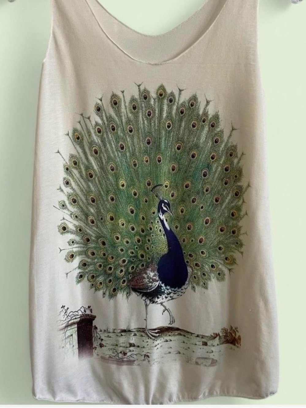 Boho Peacock Graphic Tank Top, Cream Vintage Art Print, Flowy Swing Fit